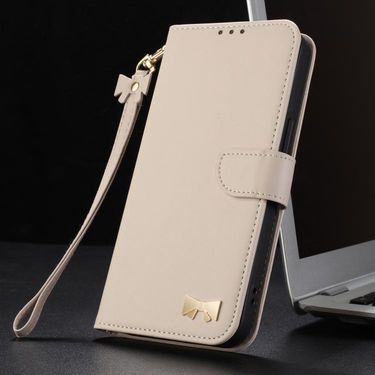 For Google Pixel 10 Pro / 9 Pro Metal Bow Leather Phone Case with Hand Strap(Apricot) - Google Cases by buy2fix | Online Shopping UK | buy2fix