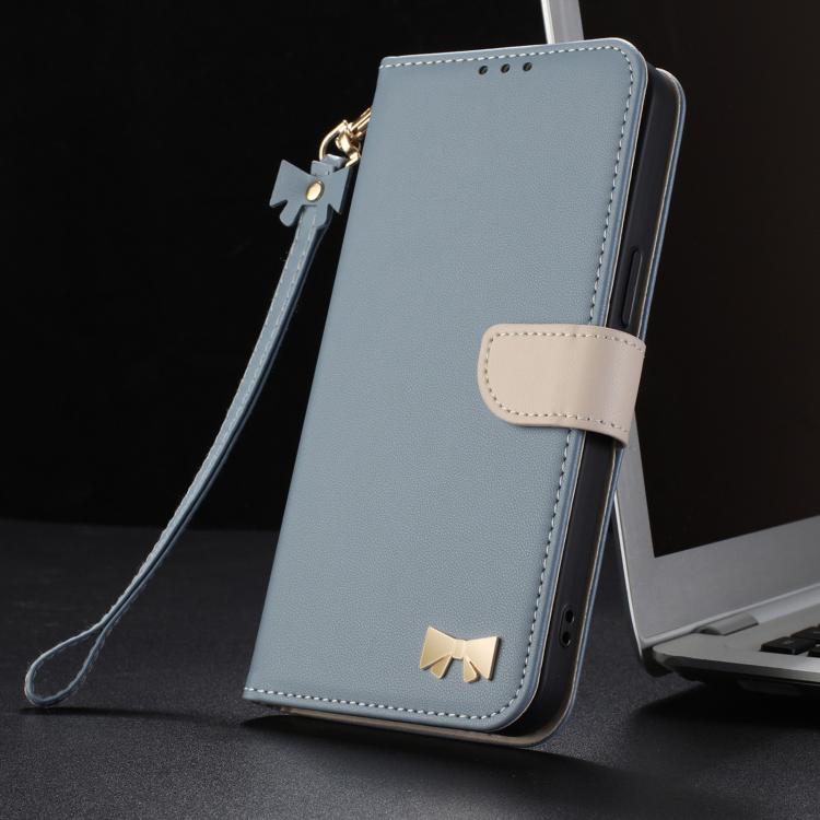 For Google Pixel 10 Pro / 9 Pro Metal Bow Leather Phone Case with Hand Strap(Light Blue) - Google Cases by buy2fix | Online Shopping UK | buy2fix
