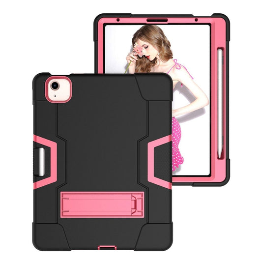 For iPad Air 2022 / 2020 10.9 Contrast Color Robot Shockproof Silicon + PC Protective Case with Holder & Pen Slot(Black + Rose Red) - iPad Air (2022) / (2020) 10.9 Cases by buy2fix | Online Shopping UK | buy2fix