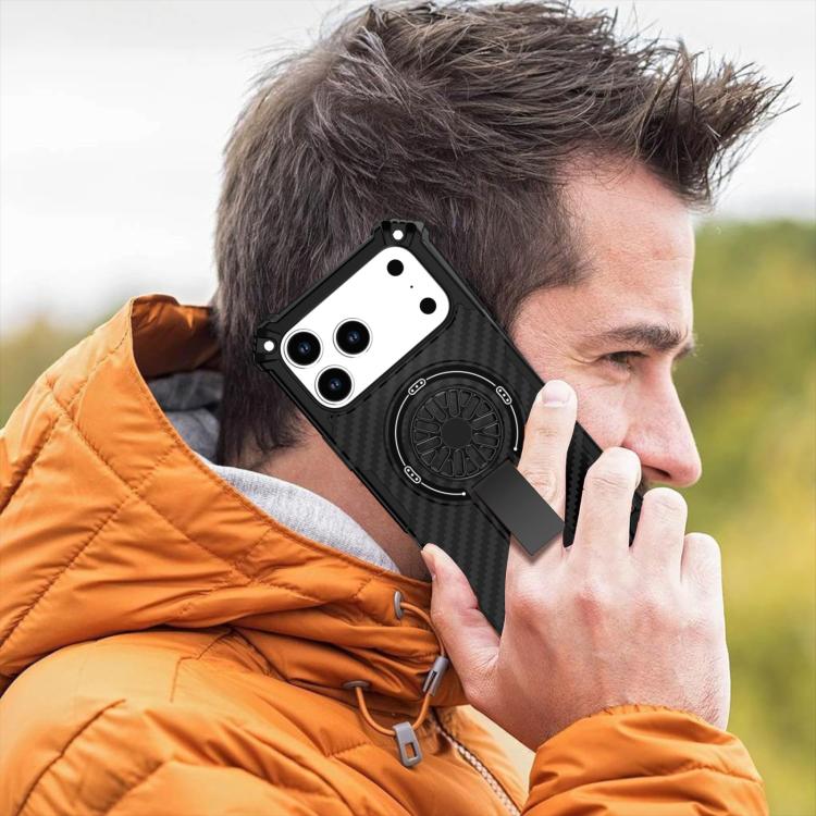 For iPhone 17 Pro Max Camouflage Kickstand Rotating Shaft MagSafe Phone Case(Carbon Fiber Black) - iPhone 17 Pro Max Cases by buy2fix | Online Shopping UK | buy2fix