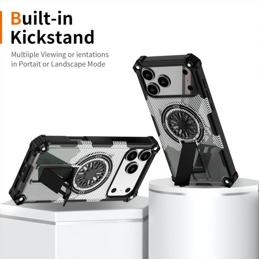 For iPhone 17 Pro Max Camouflage Kickstand Rotating Shaft MagSafe Phone Case(Carbon Fiber Grey) - iPhone 17 Pro Max Cases by buy2fix | Online Shopping UK | buy2fix