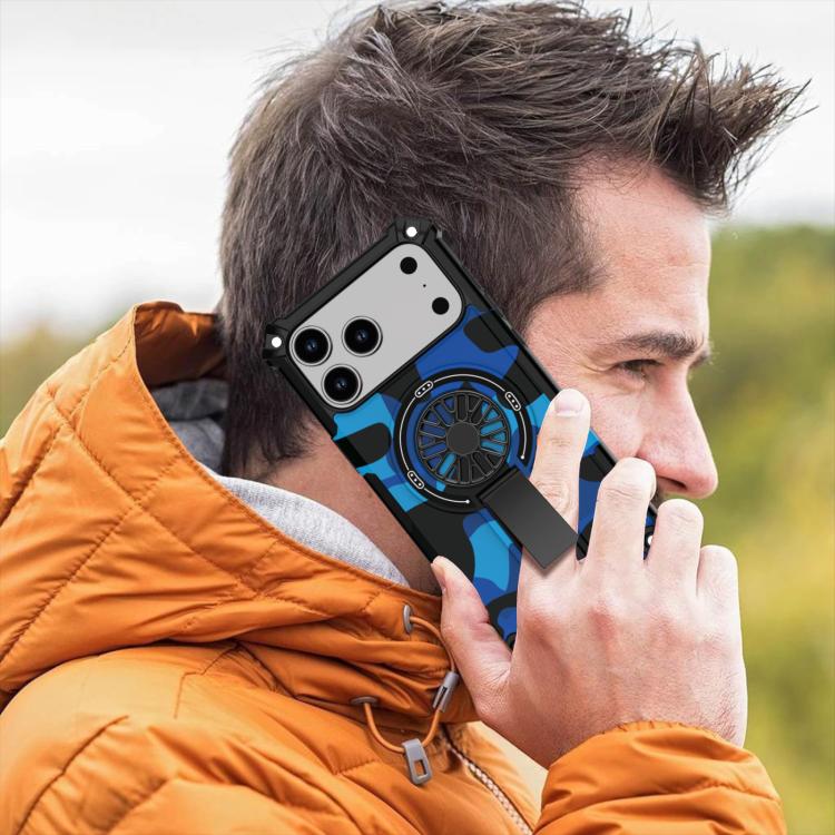 For iPhone 17 Camouflage Kickstand Rotating Shaft MagSafe Phone Case(Blue Camouflage) - iPhone 17 Cases by buy2fix | Online Shopping UK | buy2fix