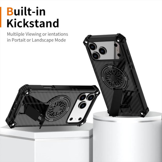 For iPhone 17 Camouflage Kickstand Rotating Shaft MagSafe Phone Case(Carbon Fiber Black) - iPhone 17 Cases by buy2fix | Online Shopping UK | buy2fix