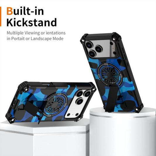 For iPhone 17 Camouflage Kickstand Rotating Shaft MagSafe Phone Case(Carbon Fiber Sky Blue) - iPhone 17 Cases by buy2fix | Online Shopping UK | buy2fix
