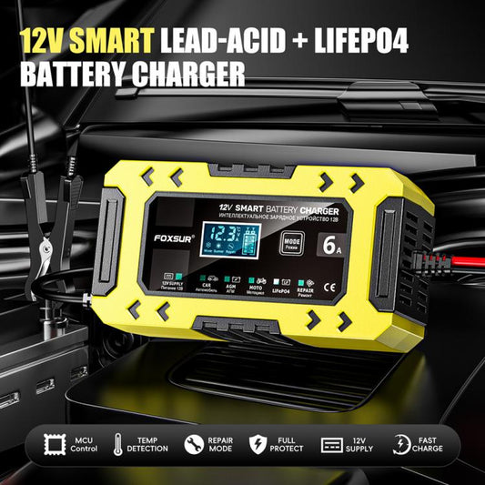 FOXSUR FBC1206F 12V 6A Car Motorcycle Battery Charger Smart Repair Multi-function Charger, UK Plug(Yellow) - Battery Charger by FOXSUR | Online Shopping UK | buy2fix