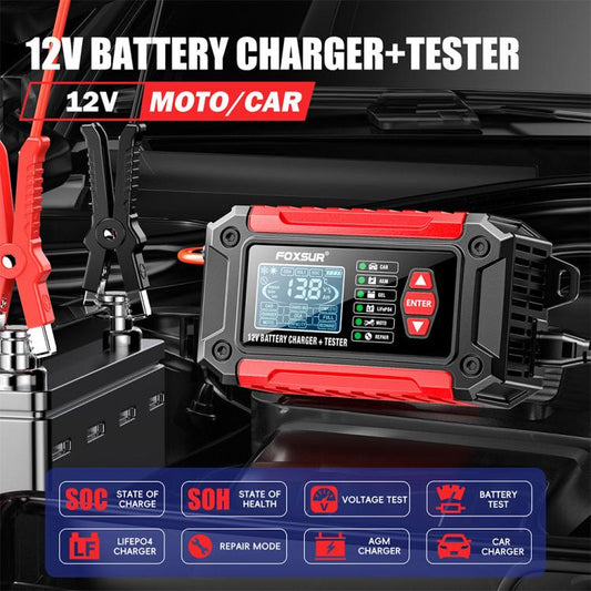 FOXSUR FTC-1206 2 in 1 12V Charging Tester Integrated Machine Car Motorcycle Battery Charger Tester, US Plug(Red) - Battery Charger by FOXSUR | Online Shopping UK | buy2fix