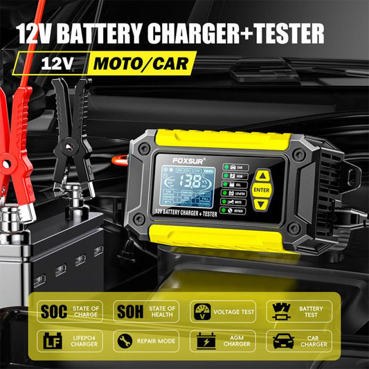 FOXSUR FTC-1206 2 in 1 12V Charging Tester Integrated Machine Car Motorcycle Battery Charger Tester, US Plug(Yellow) - Battery Charger by FOXSUR | Online Shopping UK | buy2fix