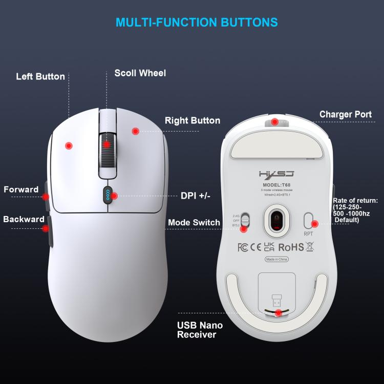 HXSJ T68 3 Modes Wired 2.4G BT5.1 Wireless Lightweight Gaming Mouse(Black) - Wireless Mice by HXSJ | Online Shopping UK | buy2fix