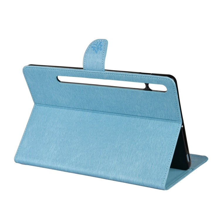 For Samsung Galaxy Tab S8 / Galaxy Tab S7 T870 / T875 Butterfly Flower Embossing Pattern Horizontal Flip Leather Case with Holder & Card Slots & Wallet(Blue) by buy2fix