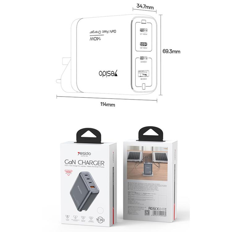 Yesido YC143 140W 4 Ports GaN Fast Charging Charger, 3 x USB-C / Type-C, 1 x USB-A(US Plug) - USB Charger by Yesido | Online Shopping UK | buy2fix