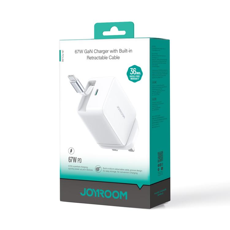 JOYROOM JR-TCL06 67W USB-C / Type-C Port GaN Fast Charger with Retractable Cable, UK Plug(White) - USB Charger by JOYROOM | Online Shopping UK | buy2fix