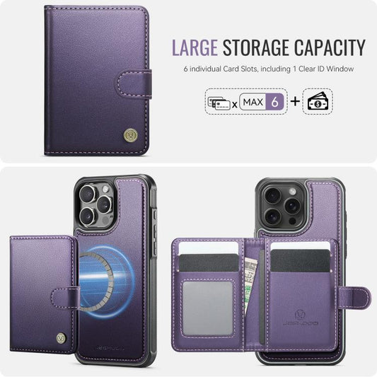 For iPhone 16 Pro Max JEEHOOD J09 Buckle Card Bag MagSafe Magnetic Style RFID Leather Phone Case(Purple) - iPhone 16 Pro Max Cases by JEEHOOD | Online Shopping UK | buy2fix