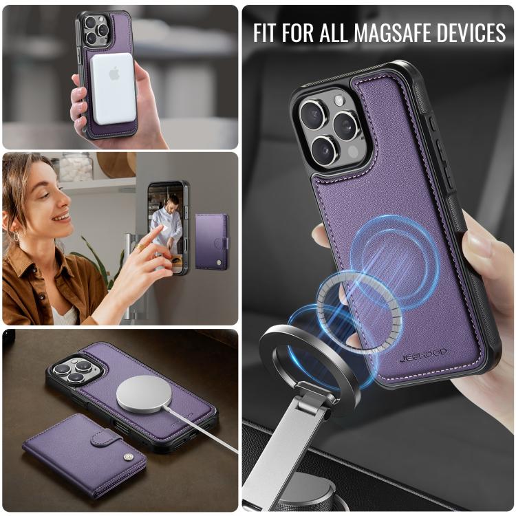 For iPhone 16 Pro Max JEEHOOD J09 Buckle Card Bag MagSafe Magnetic Style RFID Leather Phone Case(Purple) - iPhone 16 Pro Max Cases by JEEHOOD | Online Shopping UK | buy2fix