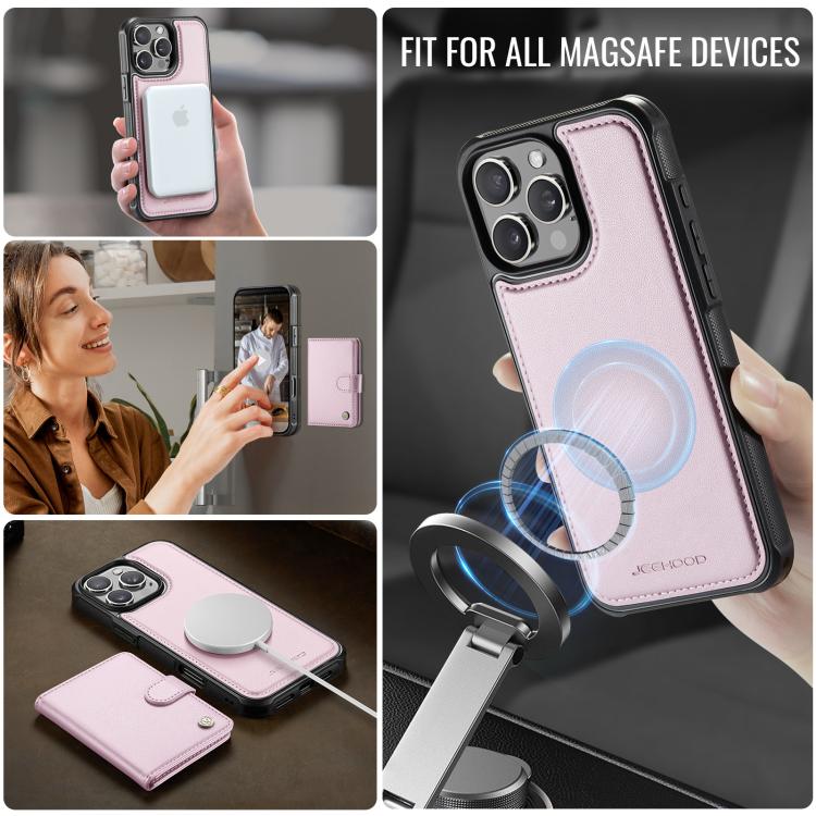 For iPhone 16 Pro JEEHOOD J09 Buckle Card Bag MagSafe Magnetic Style RFID Leather Phone Case(Pink) - iPhone 16 Pro Cases by JEEHOOD | Online Shopping UK | buy2fix