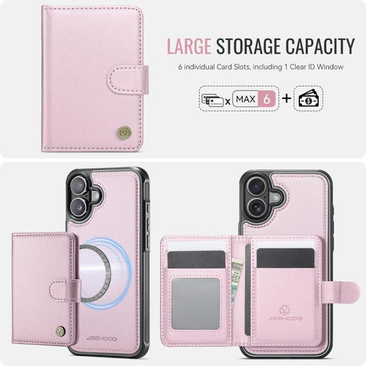 For iPhone 16 Plus JEEHOOD J09 Buckle Card Bag MagSafe Magnetic Style RFID Leather Phone Case(Pink) - iPhone 16 Plus Cases by JEEHOOD | Online Shopping UK | buy2fix