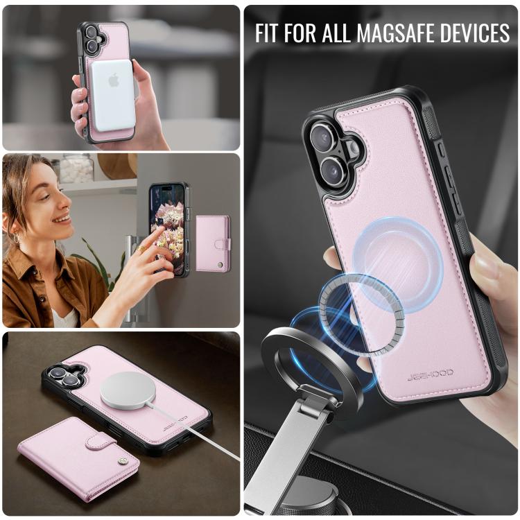 For iPhone 16 Plus JEEHOOD J09 Buckle Card Bag MagSafe Magnetic Style RFID Leather Phone Case(Pink) - iPhone 16 Plus Cases by JEEHOOD | Online Shopping UK | buy2fix