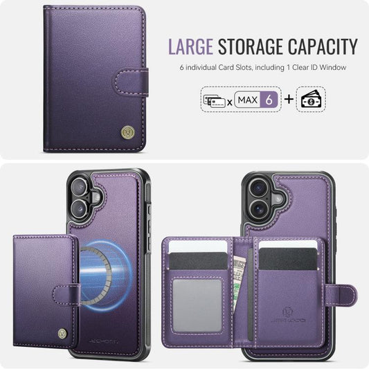 For iPhone 16 JEEHOOD J09 Buckle Card Bag MagSafe Magnetic Style RFID Leather Phone Case(Purple) - iPhone 16 Cases by JEEHOOD | Online Shopping UK | buy2fix