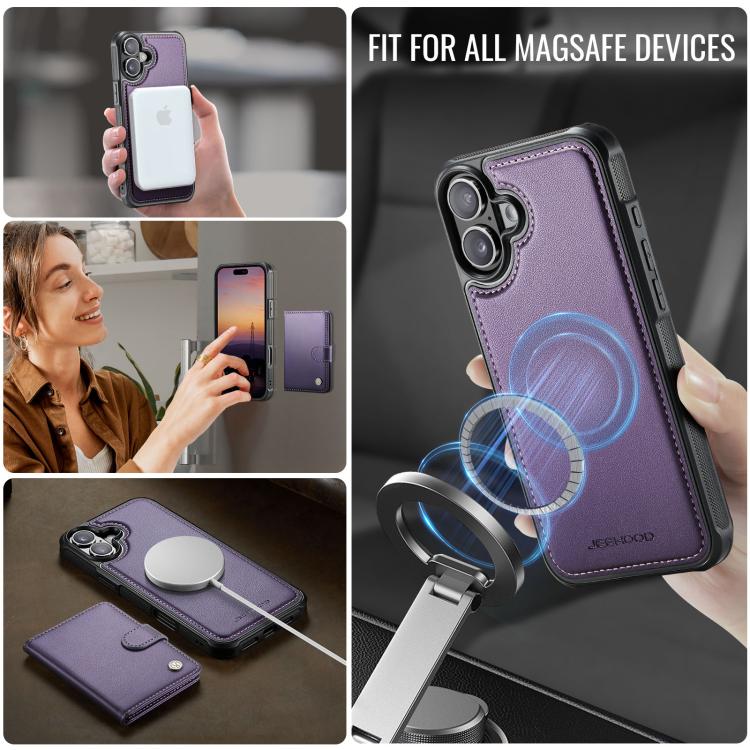 For iPhone 16 JEEHOOD J09 Buckle Card Bag MagSafe Magnetic Style RFID Leather Phone Case(Purple) - iPhone 16 Cases by JEEHOOD | Online Shopping UK | buy2fix