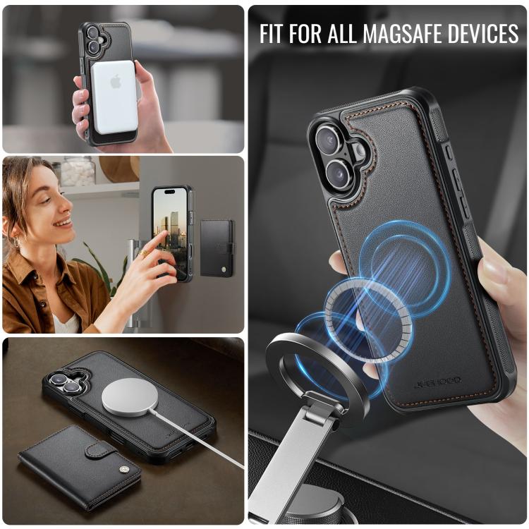 For iPhone 16 JEEHOOD J09 Buckle Card Bag MagSafe Magnetic Style RFID Leather Phone Case(Black) - iPhone 16 Cases by JEEHOOD | Online Shopping UK | buy2fix