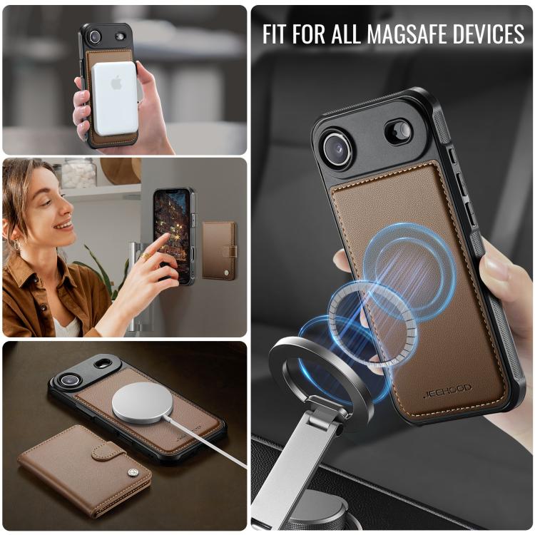 For iPhone Air JEEHOOD J09 Buckle Card Bag MagSafe Magnetic Style RFID Leather Phone Case(Brown) - iPhone Air Cases by JEEHOOD | Online Shopping UK | buy2fix