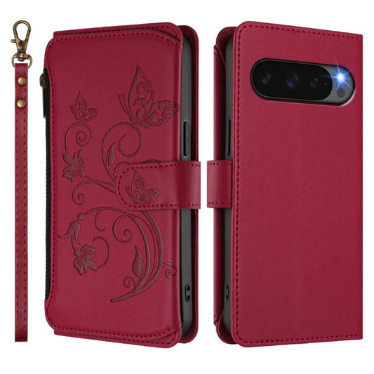 For Google Pixel 10 / 10 Pro / 9 Pro Butterfly Love Flower Multi-card Zipper Wallet Leather Phone Case(Wine Red) - Google Cases by buy2fix | Online Shopping UK | buy2fix