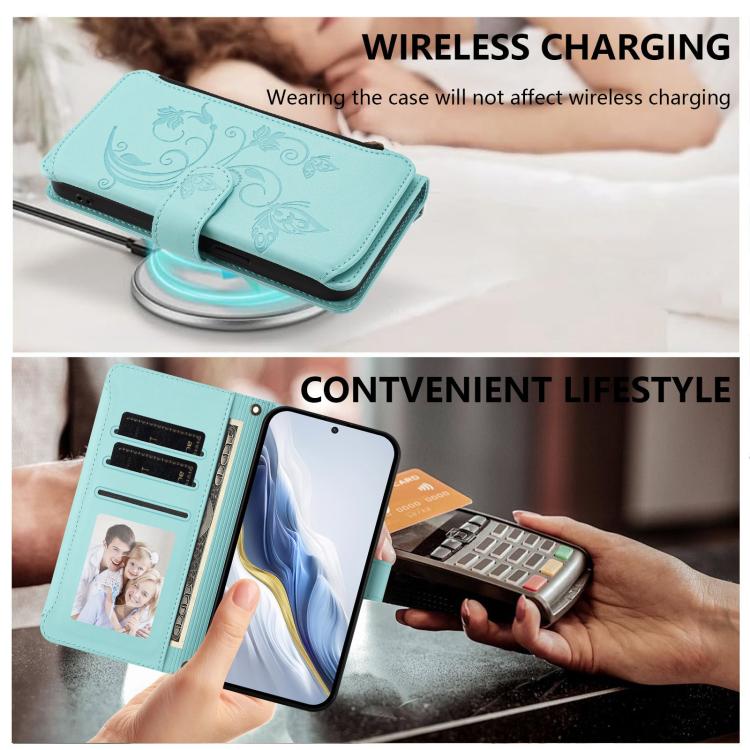 For Google Pixel 10 / 10 Pro / 9 Pro Butterfly Love Flower Multi-card Zipper Wallet Leather Phone Case(Mint Green) - Google Cases by buy2fix | Online Shopping UK | buy2fix