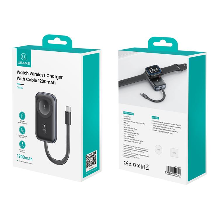 For Apple Watch Series USAMS CD245 1200mAh Portable Watch Wireless Charger with Cable(Metal Gray) - Charger / Holder by USAMS | Online Shopping UK | buy2fix