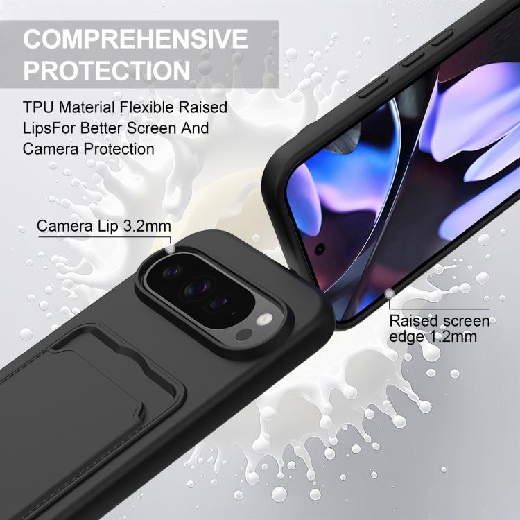 For Google Pixel 10 Pro Integrated Card Bag Solid Color Liquid Silicone Phone Case Gen2 with Short Lanyard(Black) - Google Cases by buy2fix | Online Shopping UK | buy2fix