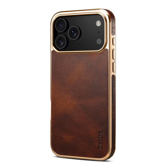 For iPhone 17 Pro Denior Oil Wax Leather Electroplating Phone Case(Brown) - iPhone 17 Pro Cases by Denior | Online Shopping UK | buy2fix