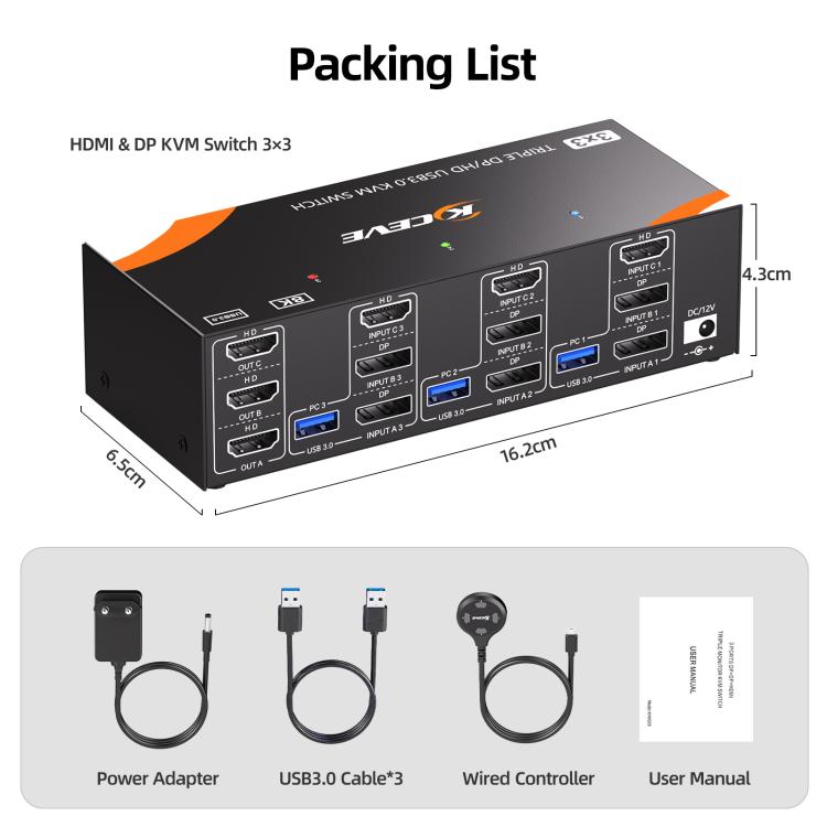 KCEVE KC-KVM303 USB 3.0 Dual Monitor 8K 60Hz KVM Switch, Plug Type:UK Plug - Switch by buy2fix | Online Shopping UK | buy2fix