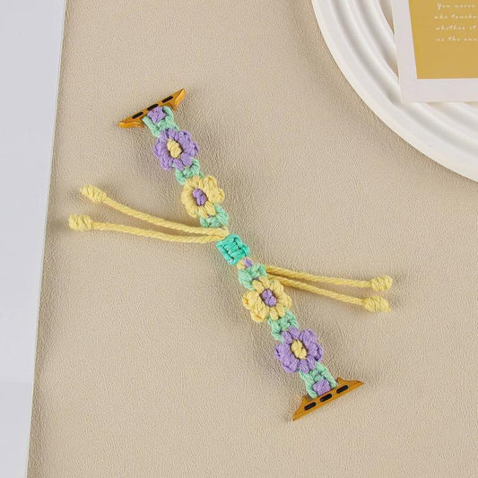 For Apple Watch 46mm / 49mm / 45mm / 44mm Hemp Rope Woven Flowers Drawstring Watch Band(Purple Yellow) - Watch Bands by buy2fix | Online Shopping UK | buy2fix