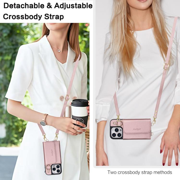 For iPhone 16 Pro AwQuer 2 in 1 Crossbody Wallet Leather Back Phone Case(Rose Gold) - iPhone 16 Pro Cases by Awquer | Online Shopping UK | buy2fix