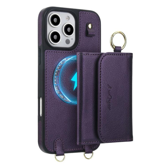 For iPhone 16 AwQuer 2 in 1 Crossbody Wallet Leather Back Phone Case(Dark Purple) - iPhone 16 Cases by Awquer | Online Shopping UK | buy2fix