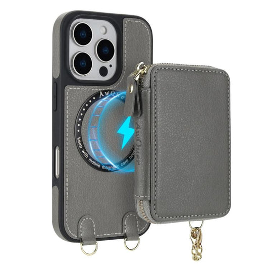 For iPhone 16 AwQuer 2 in 1 Crossbody Wallet Leather Back Phone Case(Grey) - iPhone 16 Cases by Awquer | Online Shopping UK | buy2fix