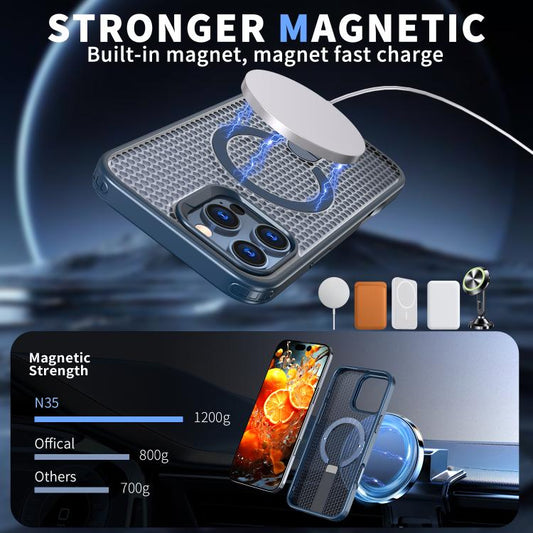 For iPhone 16 Pro Max kalebol Honeycomb Cooling MagSafe Holder Phone Case(Blue) - iPhone 16 Pro Max Cases by Kalebol | Online Shopping UK | buy2fix