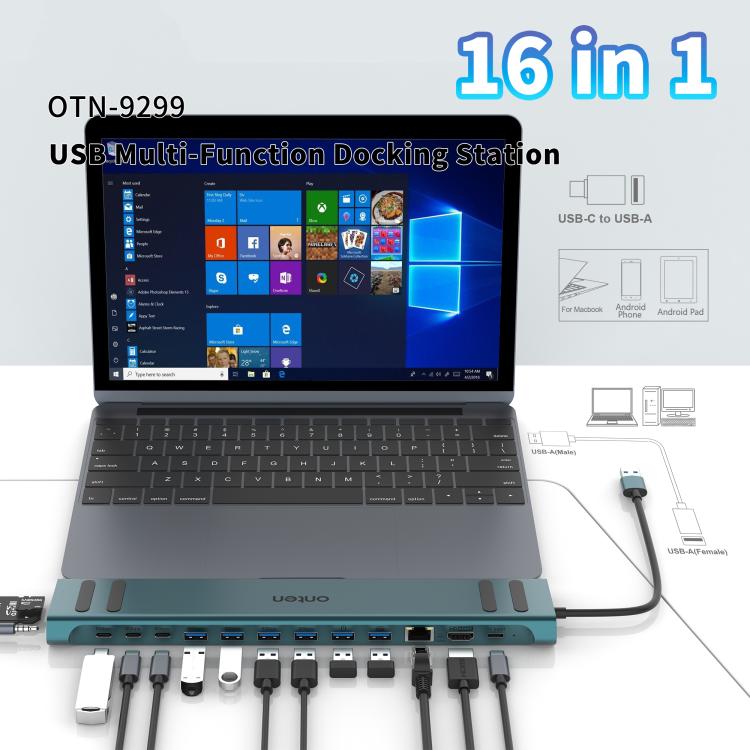 Onten OTN-9299 16 in 1 USB Multi-function Docking Station(Pine Green) - USB 3.0 HUB by Onten | Online Shopping UK | buy2fix