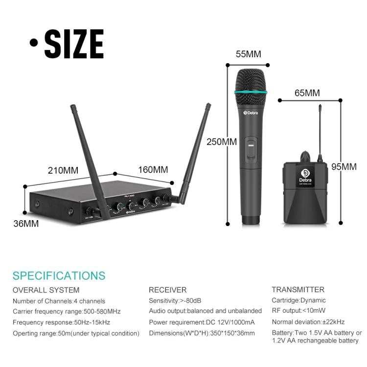 DEBRA AU-400 UHF Wireless Microphone System 4-in-1 for Performance Conference KTV, Model:4 Handheld Mic(AU Plug) - Microphone by DEBRA | Online Shopping UK | buy2fix