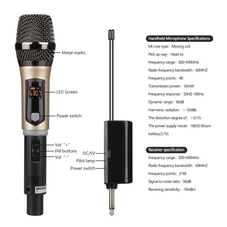 DEBRA A-25 UHF Wireless Rechargeable Microphone System for Stage KTV, Model:Two Mic(Gold) - Microphone by DEBRA | Online Shopping UK | buy2fix