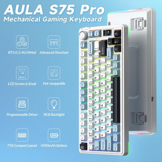 AULA S75 Pro 80 Keys wired/2.4G/Bluetooth Three Model Customizable Gradient Mechanical Keyboard(Light Blue+White+Black Purple) - Wireless Keyboard by AULA | Online Shopping UK | buy2fix