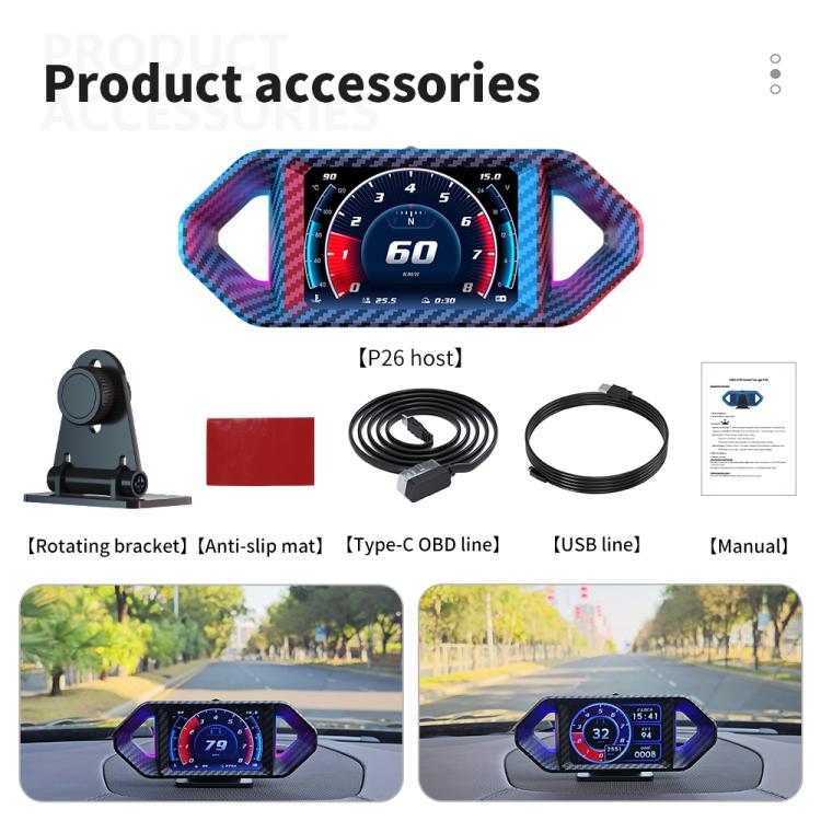P26 Car HUD Head-Up Display Multi-function LCD OBD Smart Gauge Slope Meter Accelerometer(Carbon Fiber Texture) - Head Up Display System by buy2fix | Online Shopping UK | buy2fix