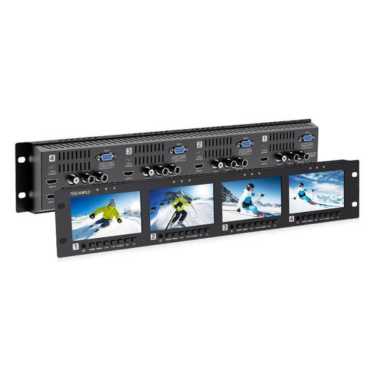 FEELWORLD Q41 Quad 4.5 inch 2RU Rackmount Monitor 3G-SDI 4K HDMI-compatible AV Input and Output, UK Plug(Black) - On-camera Monitors by FEELWORLD | Online Shopping UK | buy2fix
