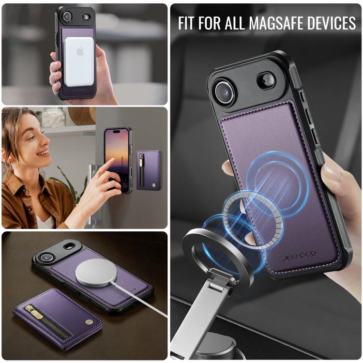 For iPhone Air JEEHOOD J12 Exquisite RFID MagSafe Zipper Card Bag Phone Case(Purple) - iPhone Air Cases by JEEHOOD | Online Shopping UK | buy2fix
