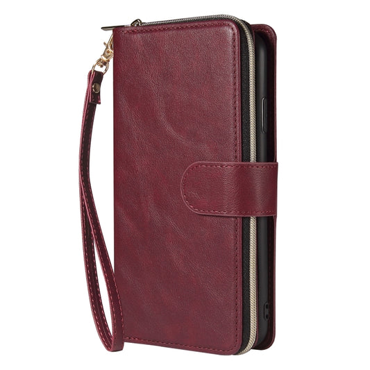For iPhone X / XS Zipper Wallet Bag Horizontal Flip PU Leather Case with Holder & 9 Card Slots & Wallet & Lanyard & Photo Frame(Wine Red) - More iPhone Cases by buy2fix | Online Shopping UK | buy2fix