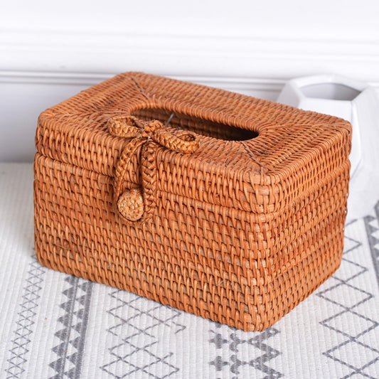 ZJH01 Bow Restaurant Desktop Rattan Braided Tissue Storage Box Case by buy2fix