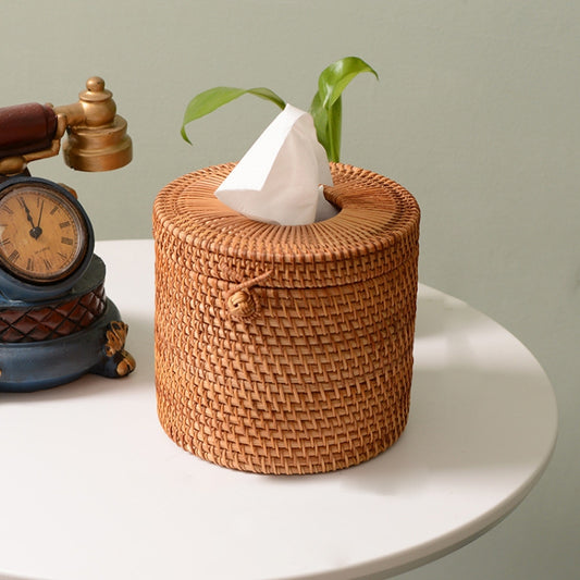 ZJH01 Circle Shape Restaurant Desktop Rattan Braided Tissue Storage Box Case by buy2fix