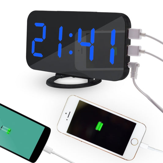 Multifunction Creative Mirror Reflective LED Display Alarm Clock with Snooze Function & 2 USB Charge Port(Blue) by buy2fix