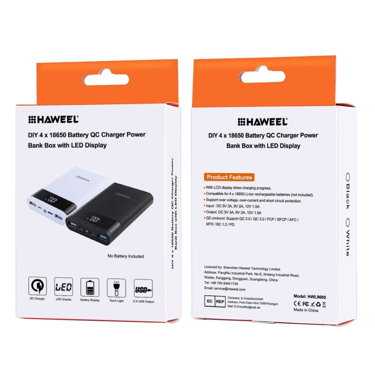 HAWEEL DIY 4x 18650 Battery (Not Included) 12000mAh Dual-way QC Charger Power Bank Shell Box with 2x USB Output & Display, Support QC 2.0 / QC 3.0 / FCP / SFCP / AFC / MTK / BC 1.2 / PD(Black) by HAWEEL