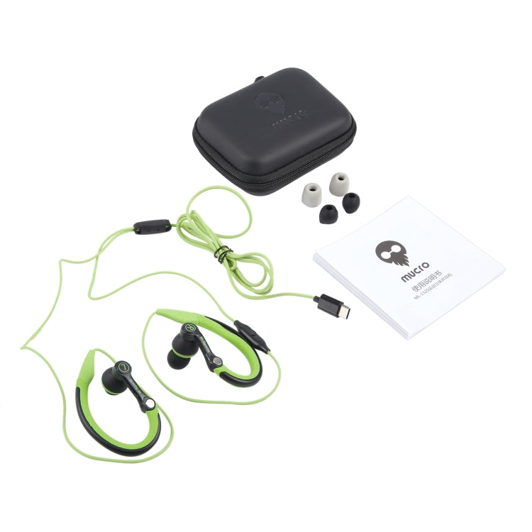 Mucro Type-C Plug In-Ear Sport Earhook Wired Stereo Headphones for Jogging Gym (Green) by Mucro