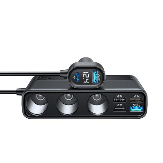 JOYROOM JR-CL06 9 in 1 210W PD USB-C / Type-C + Dual QC3.0 USB + 3 USB + 3 Cigarette Lighter Holes Digital Display Car Charger (Black) by JOYROOM