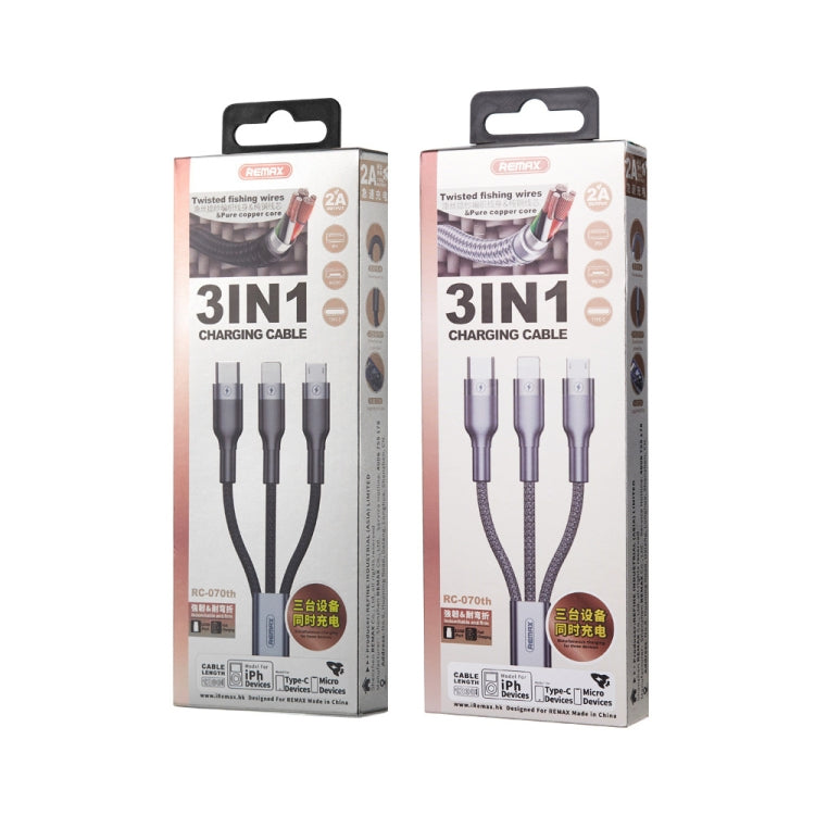 REMAX RC-070TH 1.2m 2A 3 in 1 USB to 8 Pin & USB-C / Type-C & Micro USB Charging Cable(Silver) by REMAX